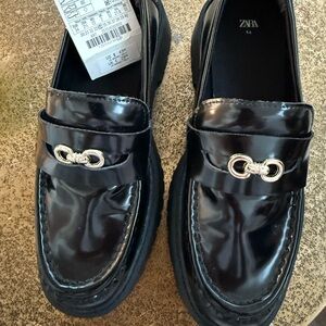 Zara Glossy Black Loafers with Silver Accent